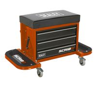 Mechanics Utility Seat & Toolbox - Folding Side Trays - Swivel Castors - Orange