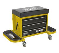 Mechanics Utility Seat & Toolbox - Folding Side Trays - Swivel Castors - Yellow