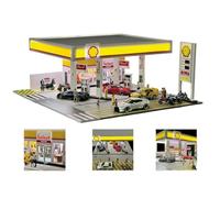 MechEdu 1:64 Shell Diorama Petrol Station Set, Petrol Station Building Model Model Kit with Lighting, Collectible & Hobby Accessory for Adults (Cars and Figures Not Included)