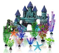 Mechpia 13 Pieces Aquarium Decorations Kit, Fish Tank Decorations Set Small Resin Castle and Rockery Betta Fish Cave Hideout Coral Artificial Plastic Plants Ornament Accessories