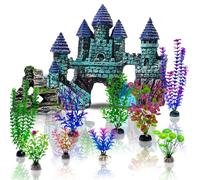 Mechpia 13 Pieces Aquarium Decorations Kit, Fish Tank Decorations Set Small Resin Castle and Rockery Betta Fish Cave Hideout Coral Artificial Plastic Plants Ornament Accessories