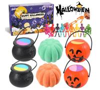 MeCids Halloween Bath Bombs for Kids 6 Pack Pumpkin Bath Bombs Pumpkin Bucket Witches Brew Cauldron Decor and Stretchy Skeleton Toy for Kids Halloween Party Favors Holiday Gifts