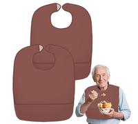 Mecmbj Adult Bibs for Women and Men, 2pcs Waterproof Dining Bibs for Elderly, Reusable, Washable Clothing Protector with Food Crumb Catcher for Seniors, Disabled(Brown)