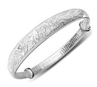 Mecool 999 Sterling Silver Dragon Phoenix Carved Bangle Bracelet Expandable Bangle Bracelet