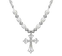 Mecool Vintage Cross Pendant Necklace Titanium Steel Crucifix Cross Long Sweater Chain Necklace Hip-hop Style Cross Chain Necklace for Men Christian Gifts for Women Pearl Necklaces for Women