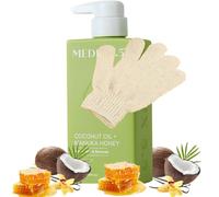 MED Coconut Oil & Manuka Honey Body Cream 444ml - Firming & Elasticity Moisturiser for Stretch Marks on Belly, Thighs & Bust - Dry, Rough & Sagging Skin- Vegan -Eco Exfoliating Gloves- Prosperina Card