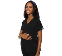 Med Couture Maternity V-Neck Scrub Top, 2 Pockets, Stretchy Side Panels with a Flattering Fit for Pregnant Ladies - MC628, Black, L