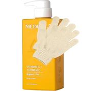 MED Vitamin C + Turmeric Brightening Body Cream - Firming Moisturiser for Uneven Skin Tone, Age Spots & Sun Damage | Shea Butter & Aloe Vera | Vegan | Eco Exfoliating Gloves & Prosperina Card