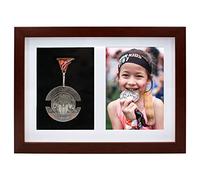 Medal Display Shadow Box Frame Display Single Medal & Photo, Medals Display Case for Runners Marathon Soccer Football Gymnastics All Sports (Walnut Brown, A4)