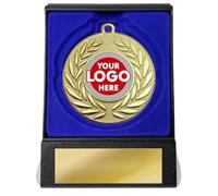 Medal in a box, Personalised Gold Metal Wreath Medals with your Logo Centre in a flip over presentation box