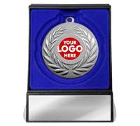 Medal in a box, Personalised silver metal wreath medals with your logo centre in a flip over presentation box and optional engraved plate