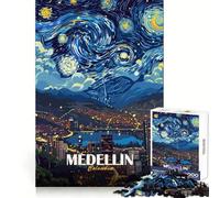 Medellin Colombia Starry Night Art 1000 Piece Jigsaw Puzzle for Teenagers DIY Fun Clear Tone Pattern Assemble Night Fun (38x26cm)