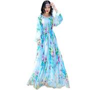 MedeShe Women's Chiffon Floral Holiday Beach Bridesmaid Maxi Dress Sundress, Blue Colourful, S Petite