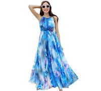 MedeShe Women's Chiffon Floral Holiday Beach Bridesmaid Maxi Dress Sundress, Blue Floral, XL