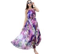 MedeShe Women's Chiffon Floral Holiday Beach Bridesmaid Maxi Dress Sundress, Purple Floral, XL