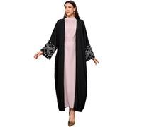 MedeShe Women's Ethnic Embroidery Muslim Abaya Open Kimono Cardigan Jalabiya, B Style Black, One Size