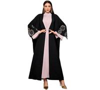 MedeShe Women's Ethnic Embroidery Muslim Abaya Open Kimono Cardigan Jalabiya, D Style Black, One Size
