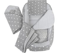Medi Partners Baby Nest Pod for Newborn Babynest Bed 5pcs Set - 100x60x15 Lounger Essentials 0-12 Months sleeping bilateral Cocoon 100% Cotton (Stars with Grey Plush)