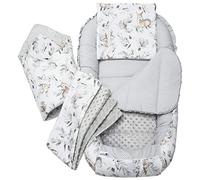 Medi Partners Baby Nest Pod for Newborn Babynest Bed 5pcs Set - 100x60x15 Lounger Essentials 0-12 Months sleeping bilateral Cocoon 100% Cotton (Deer in the leaves with grey Plush)