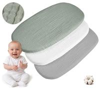 Medi Partners Fitted Sheet Muslin Baby Pram Sheet 86 x 40 cm 3-Pack Flat Sheet Bassinet - 100% Cotton Muslin Sheet Fitted Sheet for Cot Bed Cover (Olive Green/White/Grey)