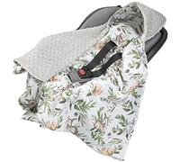 Medi Partners Swaddling Blanket 100% Cotton 85x85cm Double-Sided Multifunctional Plush Blanket With a hood for Pushchairs Soft Fluffy (Deer in leaves with grey Plush)