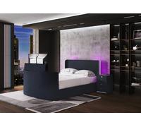 Media Glow Ottoman TV Bed Frame With Sound Activated Lighting Small Double Deep Blue