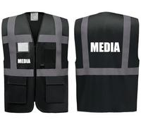 Media Superior Zipped Hi Vis Vest High Visibility Safety Waistcoat Pockets Reflective Bands Event Staff, Event Support, 12 Colour Options, Brook Hi Vis (Black, Large)