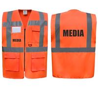 Media Superior Zipped Hi Vis Vest High Visibility Safety Waistcoat Pockets Reflective Bands Event Staff, Event Support, 12 Colour Options, Brook Hi Vis (Orange, XLarge)