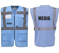 Media Superior Zipped Hi Vis Vest High Visibility Safety Waistcoat Pockets Reflective Bands Event Staff, Event Support, 12 Colour Options, Brook Hi Vis (Sky Blue, Small)