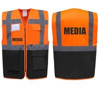 Media Two Tone Zipped Hi Vis Vest High Visibility Safety Waistcoat Pockets Reflective Bands Event Staff, Event Support, 13 Colour Options Brook Hi Vis (Orange/Black, XLarge)