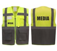 Media Two Tone Zipped Hi Vis Vest High Visibility Safety Waistcoat Pockets Reflective Bands Event Staff, Event Support, 13 Colour Options Brook Hi Vis (Yellow/Grey, Medium)