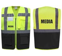 Media Two Tone Zipped Hi Vis Vest High Visibility Safety Waistcoat Pockets Reflective Bands Event Staff, Event Support, 13 Colour Options Brook Hi Vis (Yellow/Black, 3XL)