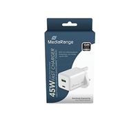 MediaRange 45W GaN Fast Charging Adapter (UK Plug), 1x USB-C and 1x USB-A, Supports USB-C® Power Delivery and Quick Charge™, White