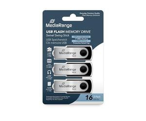 MediaRange USB 2.0 Flash Drive 16GB - 3 Pack - Mini USB Flash Drive with Secure Swivel Cap Case, External Memory Expansion with Read Speed of up to 17MB/s, Color Black