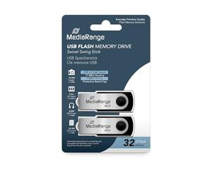 MediaRange USB 2.0 Memory Stick 32GB - Pack of 2 - Mini USB Flash Drive with Secure Swivel Cap Housing, External Memory Expansion with Read Speed of up to 17 MB/s, Colour Black