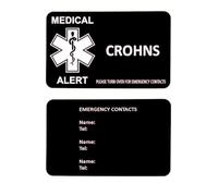 Medical Alert Card in Black Lightweight Aluminium with Custom Emergency Contact Info - Ideal for Wallet/Purse/Card Holder - Laser Etched with Your Custom Details (Design crohns)