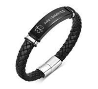 Medical Alert ID Bracelet for Men - Stainless Steel Emergency Identification Bracelets Engraved Type 1 Diabetes, Leather Medical Wristband with Magnetic Clasp, Medic ID Bracelet for Diabetic, 7.6 Inch