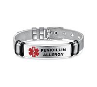 Medical Alert Identification Bracelets, Silver Stainless Steel, Adjustable Diabetes Epilepsy Blood Thinner (Penicillin Allergy)