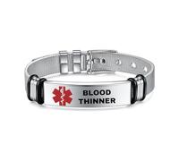 Medical Alert Identification Bracelets, Silver Stainless Steel, Adjustable Diabetes Epilepsy Blood Thinner (Blood Thinner)