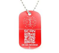 Medical Alert Necklace. Emergency ID. Personalised Aluminium Tag Engraved with QR Code and Custom Medical Information. Supplied with Ball Chain. (Red)