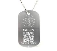 Medical Alert Necklace. Emergency ID. Personalised Aluminium Tag Engraved with QR Code and Custom Medical Information. Supplied with Ball Chain. (Grey)