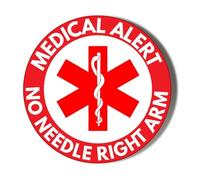 Medical Alert - RED Background - NO Needle Right ARM - Small 10 x 56mm Stickers