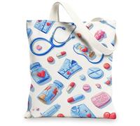 Medical Canvas Tote Bags, Colorful Healthcare Pattern Reusable Shopping Bags, Fun Cartoon Style Lightweight Washable Shoulder Bags for Gym Outdoor Travel Beach Picnic 13x15 Inch