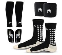 MediCaptain Soccer Grip Socks, Shin Guards, Pre-Cut Sock Sleeves, and Guard Straps Bundle Pack - Essential Equipment for Soccer Players - for Mens, Women with Size 7 to 12 US Men Shoe Size (Black)