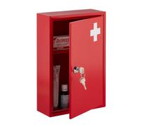 Relaxdays Medicine Cabinet, Lockable, 2 Compartments, HxWxD: 32 x 21.5 x 9.5 cm, Wall Mount, First Aid, Metal, Red/White