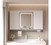 Medicine cabinet with led lights and mirror,Solid wood smart mirror cabinet with storage anti fog,bathroom mirror wall mounted with time temperature,vanity mirror Sliding door,Paper hol,White-90*13*7