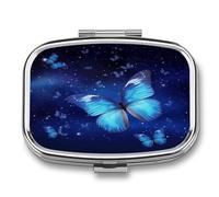Medicine Organizer Travel Pillbox,Blue Starry Butterfly Print Square Pill Box,Portable Pill Box,2 Compartment Small Pill Case for Purse & Pocket