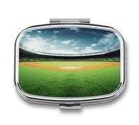 Medicine Pill Organizer Metal Waterproof Green Baseball Field Backdrop Printing Vitamin Small Pill Box Portable Travel Pill Case for Travel, Purse, Or Pocket