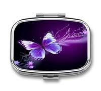 Medicine Pill Organizer Metal Waterproof Lovely Purple Butterfly Printing Vitamin Small Pill Box Portable Travel Pill Case for Travel, Purse, Or Pocket