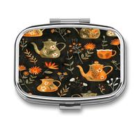 Medicine Pill Organizer Metal Waterproof Plants and Teapot Printing Vitamin Small Pill Box Portable Travel Pill Case for Travel, Purse, Or Pocket